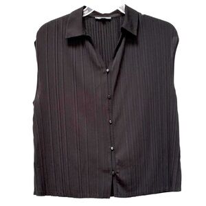 Adrianna Papell Black Pleated Button Down Shirt with Notched Collar Size M